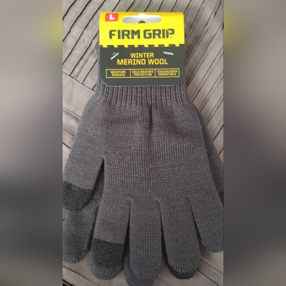 Large Gray Winter Merino Wool Gloves By Firm Grip